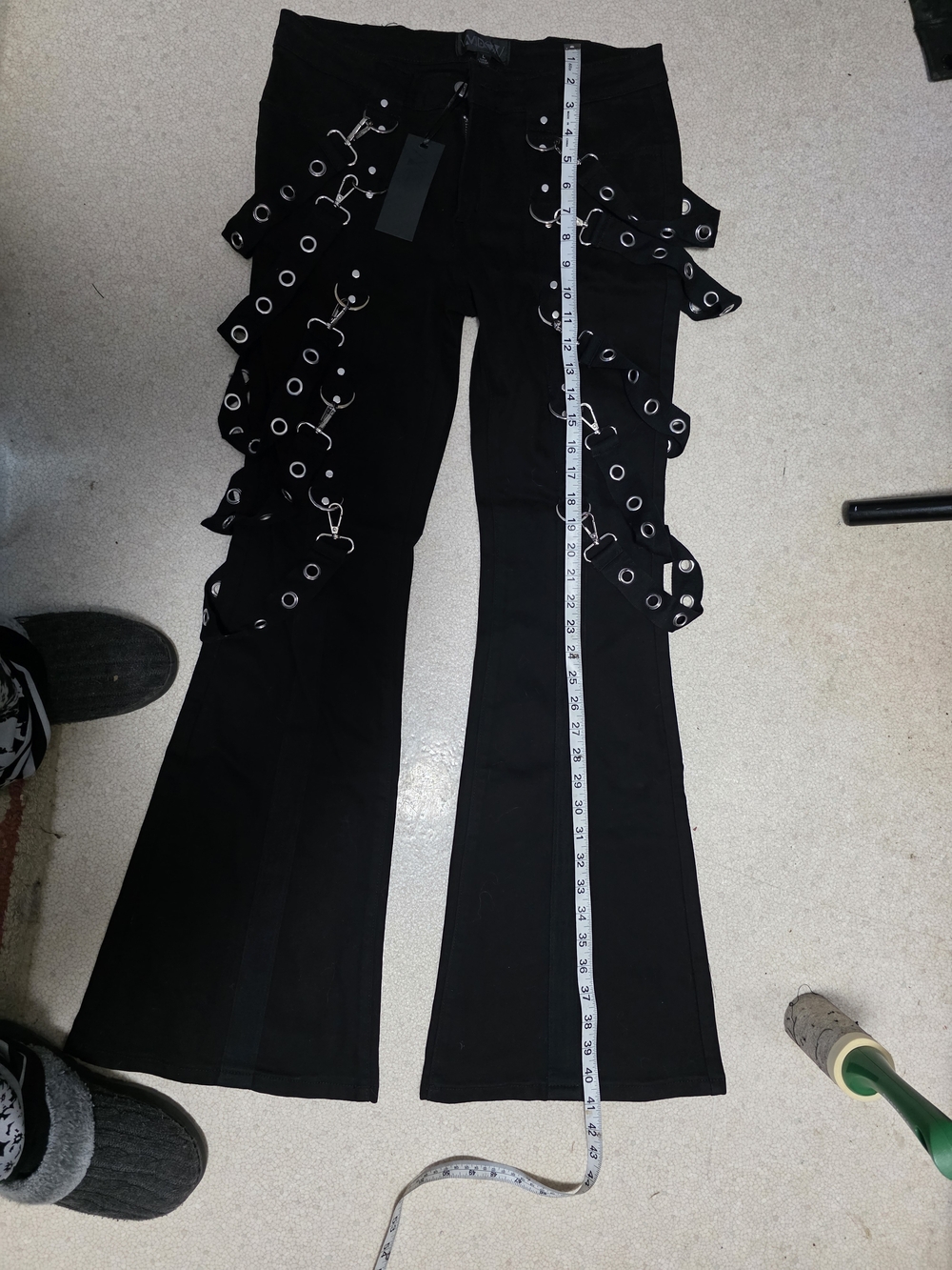 Dolls Kill- Widow- Black Flared Grommet Bondage Strap Pants- Sz L- NWT - Picture 6 of 12